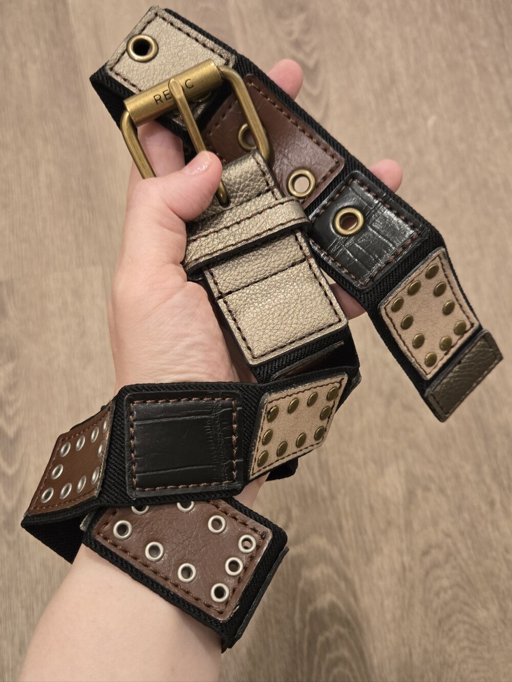 FOSSIL/Relic Fairy Patchwork Stud Grommet Faux Leather Belt Sz32-36" VTG Boho